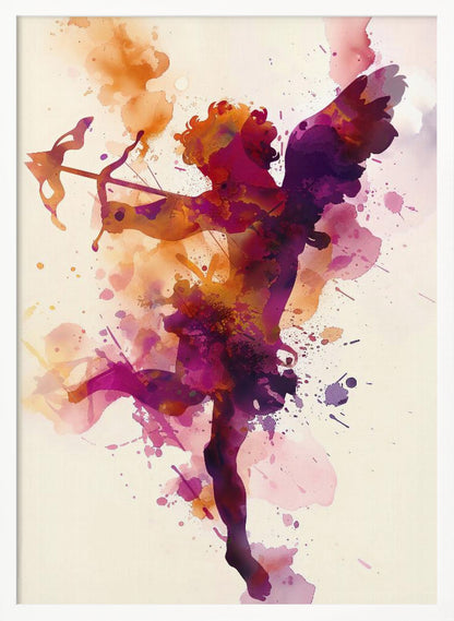 A vibrant watercolor painting of Cupid shown in silhouette. The figure of the winged god of love is filled with a blend of purple, pink, and orange hues, with splatters of paint creating a dynamic effect. He is aiming a bow and arrow, set against a plain off-white background and framed in black. Poster