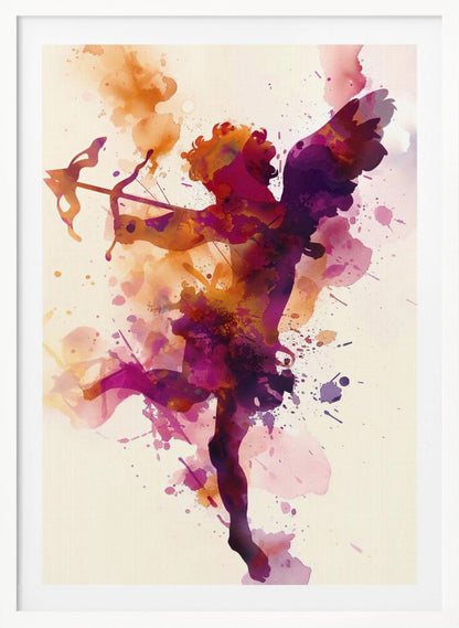 A vibrant watercolor painting of Cupid shown in silhouette. The figure of the winged god of love is filled with a blend of purple, pink, and orange hues, with splatters of paint creating a dynamic effect. He is aiming a bow and arrow, set against a plain off-white background and framed in black. Poster