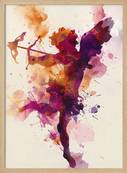 A vibrant watercolor painting of Cupid shown in silhouette. The figure of the winged god of love is filled with a blend of purple, pink, and orange hues, with splatters of paint creating a dynamic effect. He is aiming a bow and arrow, set against a plain off-white background and framed in black. Poster