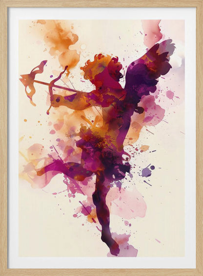 A vibrant watercolor painting of Cupid shown in silhouette. The figure of the winged god of love is filled with a blend of purple, pink, and orange hues, with splatters of paint creating a dynamic effect. He is aiming a bow and arrow, set against a plain off-white background and framed in black. Poster