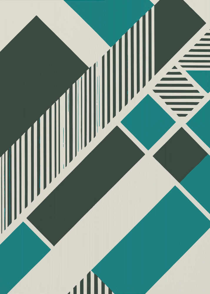 An abstract geometric artwork with a diagonal composition of shapes in dark green, teal, and off-white. Some shapes are filled with vertical and horizontal black and white stripes, creating a dynamic and modern visual. The entire piece is framed in black. Print