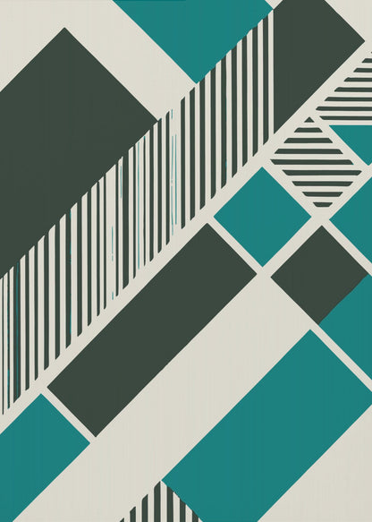An abstract geometric artwork with a diagonal composition of shapes in dark green, teal, and off-white. Some shapes are filled with vertical and horizontal black and white stripes, creating a dynamic and modern visual. The entire piece is framed in black. Print