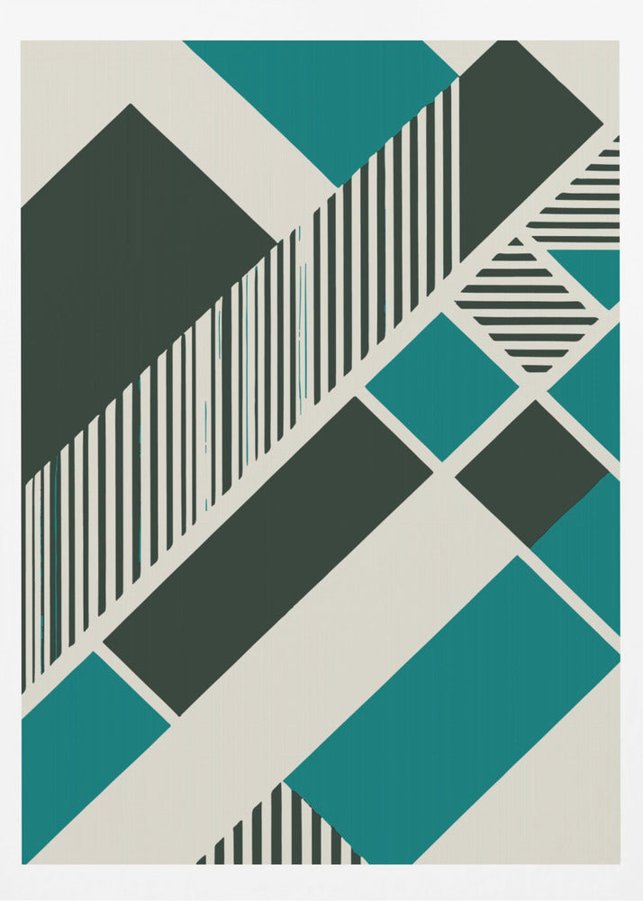 An abstract geometric artwork with a diagonal composition of shapes in dark green, teal, and off-white. Some shapes are filled with vertical and horizontal black and white stripes, creating a dynamic and modern visual. The entire piece is framed in black. Print