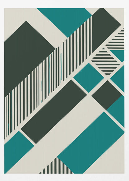 An abstract geometric artwork with a diagonal composition of shapes in dark green, teal, and off-white. Some shapes are filled with vertical and horizontal black and white stripes, creating a dynamic and modern visual. The entire piece is framed in black. Print