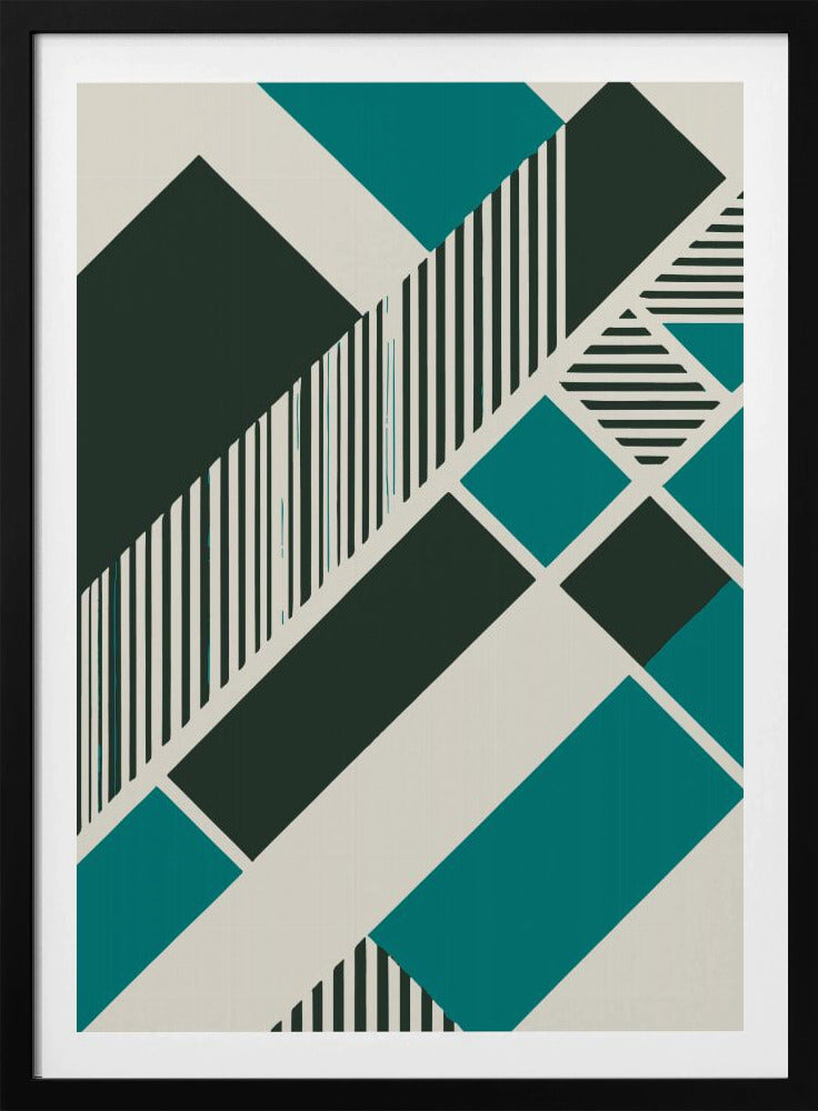 An abstract geometric artwork with a diagonal composition of shapes in dark green, teal, and off-white. Some shapes are filled with vertical and horizontal black and white stripes, creating a dynamic and modern visual. The entire piece is framed in black. Print