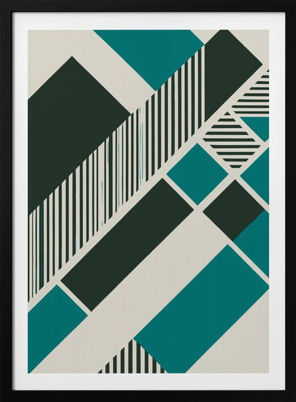 An abstract geometric artwork with a diagonal composition of shapes in dark green, teal, and off-white. Some shapes are filled with vertical and horizontal black and white stripes, creating a dynamic and modern visual. The entire piece is framed in black. Print
