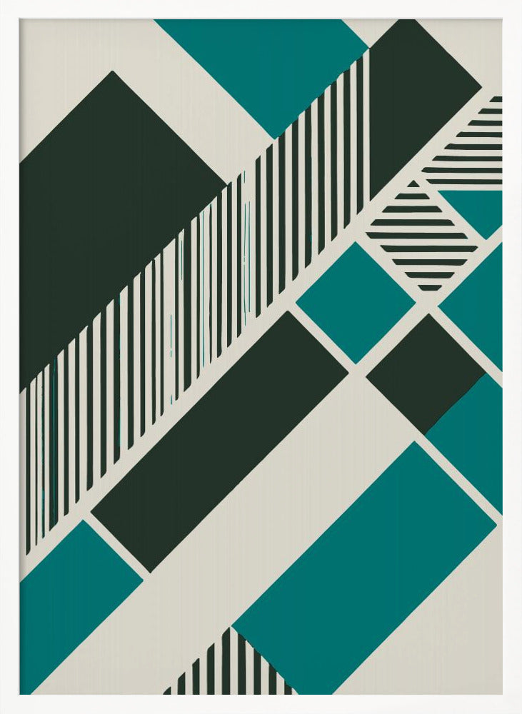 An abstract geometric artwork with a diagonal composition of shapes in dark green, teal, and off-white. Some shapes are filled with vertical and horizontal black and white stripes, creating a dynamic and modern visual. The entire piece is framed in black. Print
