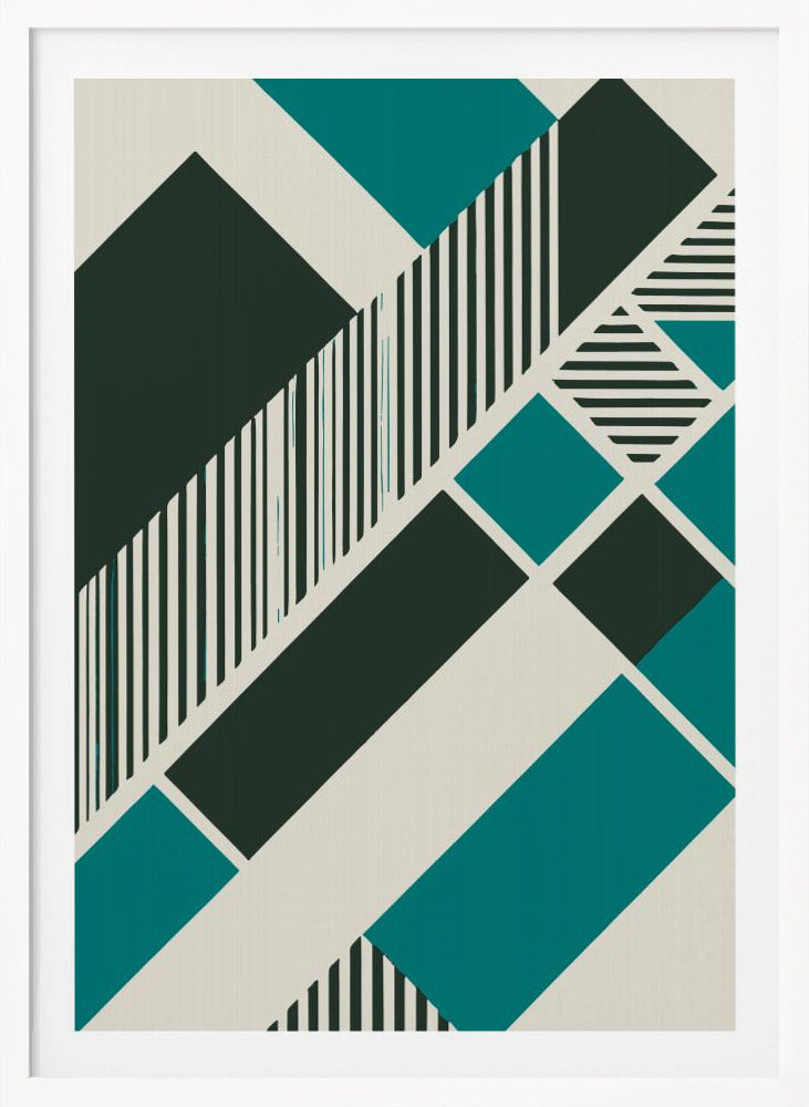 An abstract geometric artwork with a diagonal composition of shapes in dark green, teal, and off-white. Some shapes are filled with vertical and horizontal black and white stripes, creating a dynamic and modern visual. The entire piece is framed in black. Print