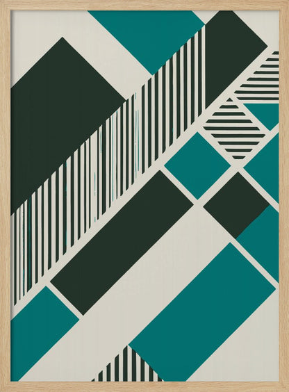 An abstract geometric artwork with a diagonal composition of shapes in dark green, teal, and off-white. Some shapes are filled with vertical and horizontal black and white stripes, creating a dynamic and modern visual. The entire piece is framed in black. Print