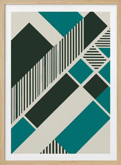 An abstract geometric artwork with a diagonal composition of shapes in dark green, teal, and off-white. Some shapes are filled with vertical and horizontal black and white stripes, creating a dynamic and modern visual. The entire piece is framed in black. Print
