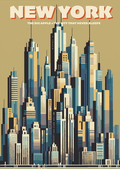 A vintage-style travel poster depicting the New York City skyline. The illustration uses a geometric, minimalist style with a color palette of blues, yellows, and off-white against a muted green sky. The words 'NEW YORK' are featured prominently at the top, with 'THE BIG APPLE • THE CITY THAT NEVER SLEEPS' underneath. Decor