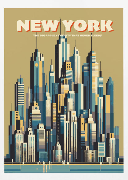 A vintage-style travel poster depicting the New York City skyline. The illustration uses a geometric, minimalist style with a color palette of blues, yellows, and off-white against a muted green sky. The words 'NEW YORK' are featured prominently at the top, with 'THE BIG APPLE • THE CITY THAT NEVER SLEEPS' underneath. Decor