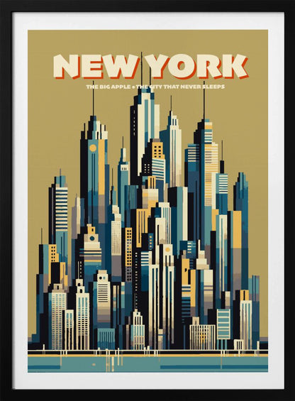 A vintage-style travel poster depicting the New York City skyline. The illustration uses a geometric, minimalist style with a color palette of blues, yellows, and off-white against a muted green sky. The words 'NEW YORK' are featured prominently at the top, with 'THE BIG APPLE • THE CITY THAT NEVER SLEEPS' underneath. Decor