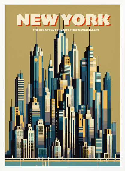 A vintage-style travel poster depicting the New York City skyline. The illustration uses a geometric, minimalist style with a color palette of blues, yellows, and off-white against a muted green sky. The words 'NEW YORK' are featured prominently at the top, with 'THE BIG APPLE • THE CITY THAT NEVER SLEEPS' underneath. Decor