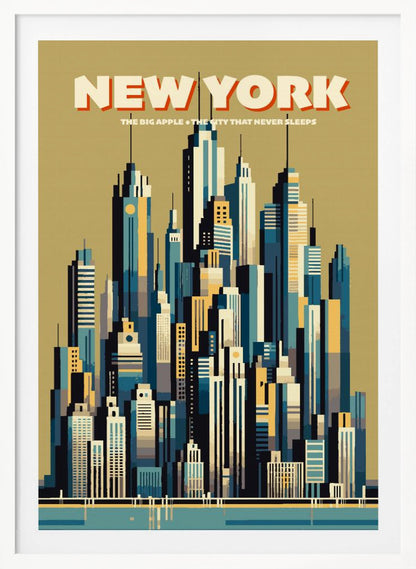 A vintage-style travel poster depicting the New York City skyline. The illustration uses a geometric, minimalist style with a color palette of blues, yellows, and off-white against a muted green sky. The words 'NEW YORK' are featured prominently at the top, with 'THE BIG APPLE • THE CITY THAT NEVER SLEEPS' underneath. Decor