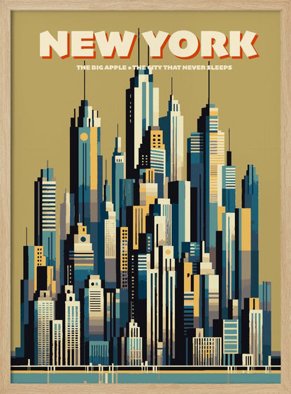 A vintage-style travel poster depicting the New York City skyline. The illustration uses a geometric, minimalist style with a color palette of blues, yellows, and off-white against a muted green sky. The words 'NEW YORK' are featured prominently at the top, with 'THE BIG APPLE • THE CITY THAT NEVER SLEEPS' underneath. Decor
