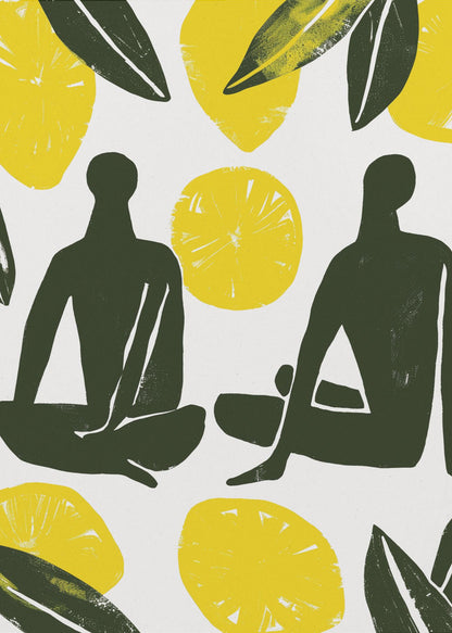 A modern, graphic illustration in a block print style, depicting two dark green human silhouettes seated amongst large yellow lemons and leaves on a white background, presented in a black frame. Decor