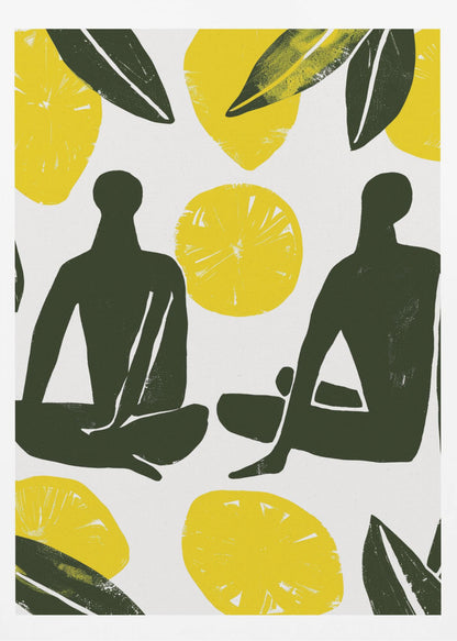 A modern, graphic illustration in a block print style, depicting two dark green human silhouettes seated amongst large yellow lemons and leaves on a white background, presented in a black frame. Decor