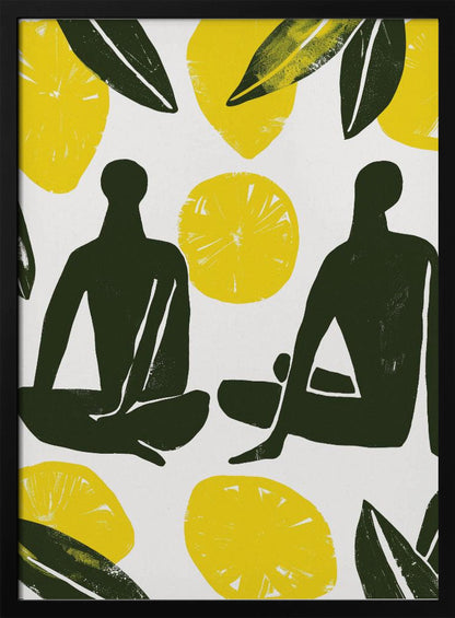 A modern, graphic illustration in a block print style, depicting two dark green human silhouettes seated amongst large yellow lemons and leaves on a white background, presented in a black frame. Decor
