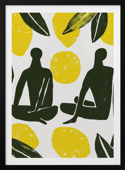 A modern, graphic illustration in a block print style, depicting two dark green human silhouettes seated amongst large yellow lemons and leaves on a white background, presented in a black frame. Decor