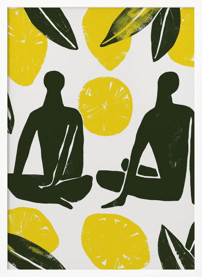A modern, graphic illustration in a block print style, depicting two dark green human silhouettes seated amongst large yellow lemons and leaves on a white background, presented in a black frame. Decor
