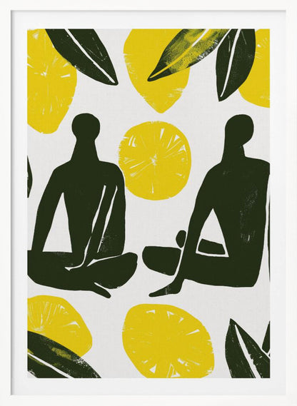 A modern, graphic illustration in a block print style, depicting two dark green human silhouettes seated amongst large yellow lemons and leaves on a white background, presented in a black frame. Decor
