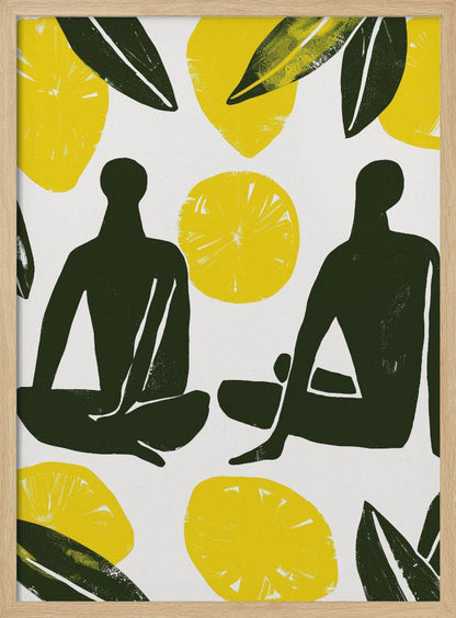 A modern, graphic illustration in a block print style, depicting two dark green human silhouettes seated amongst large yellow lemons and leaves on a white background, presented in a black frame. Decor