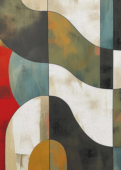 Abstract Fields No 1 art print, featuring a stylized landscape with fluid shapes and a blend of blue, green, yellow, and brown tones, reminiscent of fields. Decor