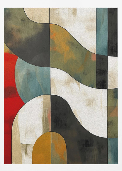 Abstract Fields No 1 art print, featuring a stylized landscape with fluid shapes and a blend of blue, green, yellow, and brown tones, reminiscent of fields. Decor