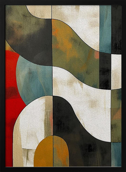 Abstract Fields No 1 art print, featuring a stylized landscape with fluid shapes and a blend of blue, green, yellow, and brown tones, reminiscent of fields. Decor