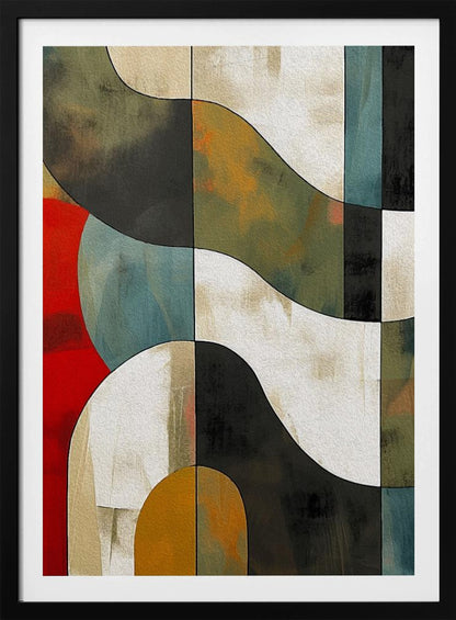 Abstract Fields No 1 art print, featuring a stylized landscape with fluid shapes and a blend of blue, green, yellow, and brown tones, reminiscent of fields. Decor