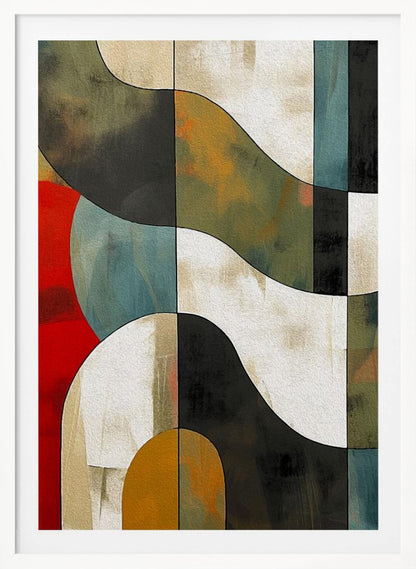 Abstract Fields No 1 art print, featuring a stylized landscape with fluid shapes and a blend of blue, green, yellow, and brown tones, reminiscent of fields. Decor