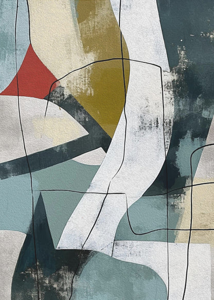 A vertical abstract painting in a black frame, featuring a composition of overlapping geometric and organic shapes in muted shades of teal, beige, olive green, and white. A small, vibrant red triangle adds a pop of color, and thin, meandering black lines are drawn over the entire canvas, giving it a collage-like feel. Artwork