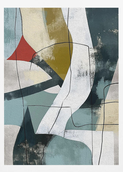 A vertical abstract painting in a black frame, featuring a composition of overlapping geometric and organic shapes in muted shades of teal, beige, olive green, and white. A small, vibrant red triangle adds a pop of color, and thin, meandering black lines are drawn over the entire canvas, giving it a collage-like feel. Artwork