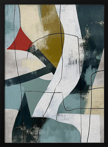 A vertical abstract painting in a black frame, featuring a composition of overlapping geometric and organic shapes in muted shades of teal, beige, olive green, and white. A small, vibrant red triangle adds a pop of color, and thin, meandering black lines are drawn over the entire canvas, giving it a collage-like feel. Artwork