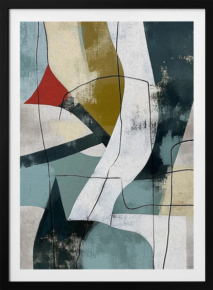 A vertical abstract painting in a black frame, featuring a composition of overlapping geometric and organic shapes in muted shades of teal, beige, olive green, and white. A small, vibrant red triangle adds a pop of color, and thin, meandering black lines are drawn over the entire canvas, giving it a collage-like feel. Artwork