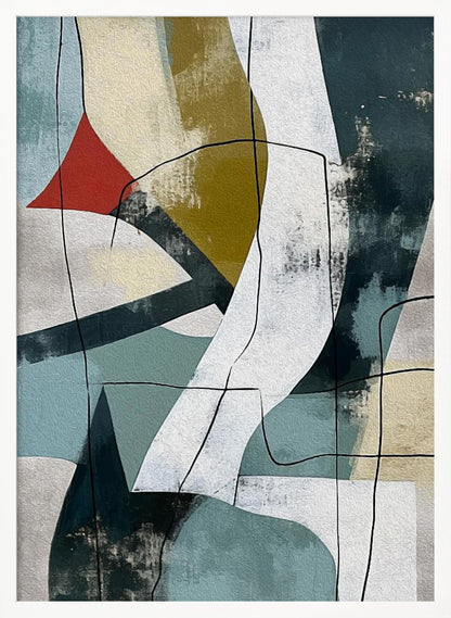 A vertical abstract painting in a black frame, featuring a composition of overlapping geometric and organic shapes in muted shades of teal, beige, olive green, and white. A small, vibrant red triangle adds a pop of color, and thin, meandering black lines are drawn over the entire canvas, giving it a collage-like feel. Artwork