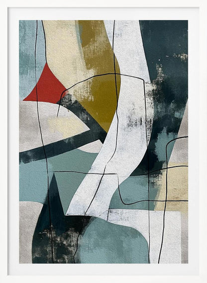 A vertical abstract painting in a black frame, featuring a composition of overlapping geometric and organic shapes in muted shades of teal, beige, olive green, and white. A small, vibrant red triangle adds a pop of color, and thin, meandering black lines are drawn over the entire canvas, giving it a collage-like feel. Artwork