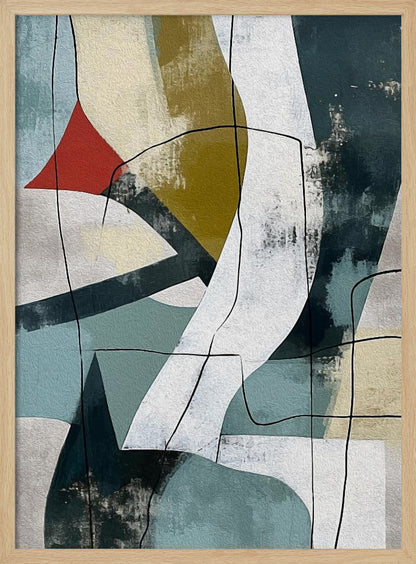 A vertical abstract painting in a black frame, featuring a composition of overlapping geometric and organic shapes in muted shades of teal, beige, olive green, and white. A small, vibrant red triangle adds a pop of color, and thin, meandering black lines are drawn over the entire canvas, giving it a collage-like feel. Artwork