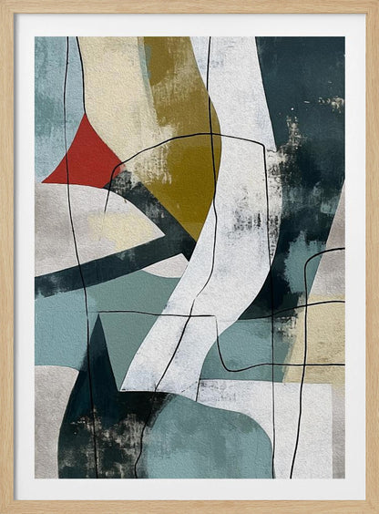 A vertical abstract painting in a black frame, featuring a composition of overlapping geometric and organic shapes in muted shades of teal, beige, olive green, and white. A small, vibrant red triangle adds a pop of color, and thin, meandering black lines are drawn over the entire canvas, giving it a collage-like feel. Artwork