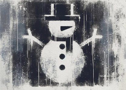 A framed black and white urban art piece featuring a stenciled snowman. The artwork has a gritty, street-art feel with spray paint texture, drips, and splatters on a dark, distressed background. The snowman is white with a black top hat, scarf, buttons, and nose. Decor
