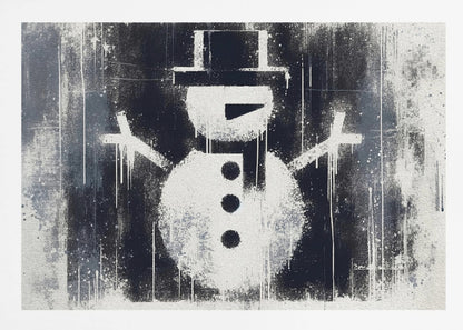 A framed black and white urban art piece featuring a stenciled snowman. The artwork has a gritty, street-art feel with spray paint texture, drips, and splatters on a dark, distressed background. The snowman is white with a black top hat, scarf, buttons, and nose. Decor