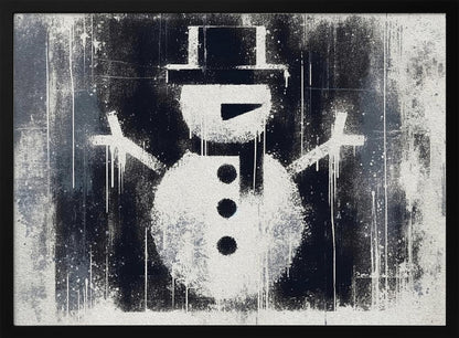 A framed black and white urban art piece featuring a stenciled snowman. The artwork has a gritty, street-art feel with spray paint texture, drips, and splatters on a dark, distressed background. The snowman is white with a black top hat, scarf, buttons, and nose. Decor