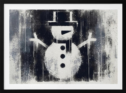 A framed black and white urban art piece featuring a stenciled snowman. The artwork has a gritty, street-art feel with spray paint texture, drips, and splatters on a dark, distressed background. The snowman is white with a black top hat, scarf, buttons, and nose. Decor