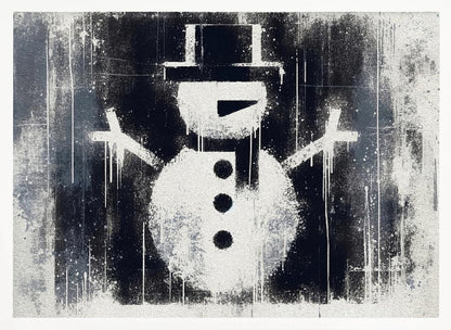 A framed black and white urban art piece featuring a stenciled snowman. The artwork has a gritty, street-art feel with spray paint texture, drips, and splatters on a dark, distressed background. The snowman is white with a black top hat, scarf, buttons, and nose. Decor