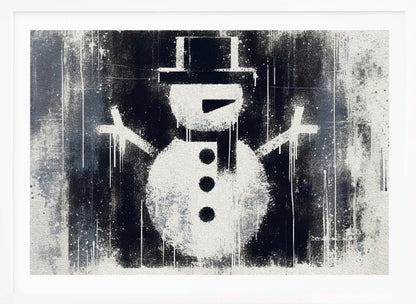 A framed black and white urban art piece featuring a stenciled snowman. The artwork has a gritty, street-art feel with spray paint texture, drips, and splatters on a dark, distressed background. The snowman is white with a black top hat, scarf, buttons, and nose. Decor