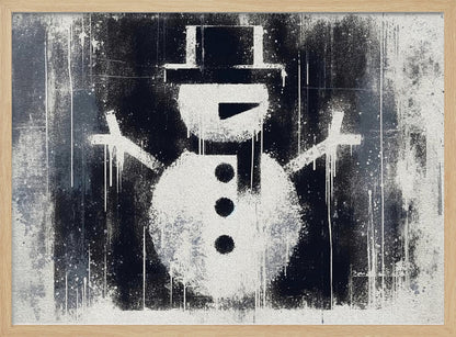 A framed black and white urban art piece featuring a stenciled snowman. The artwork has a gritty, street-art feel with spray paint texture, drips, and splatters on a dark, distressed background. The snowman is white with a black top hat, scarf, buttons, and nose. Decor