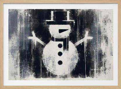 A framed black and white urban art piece featuring a stenciled snowman. The artwork has a gritty, street-art feel with spray paint texture, drips, and splatters on a dark, distressed background. The snowman is white with a black top hat, scarf, buttons, and nose. Decor