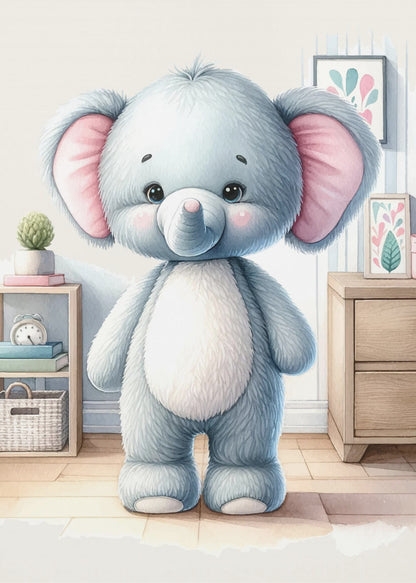 A watercolor illustration of a cute, fluffy, light blue stuffed elephant with large pink ears and a white tummy, standing in a brightly lit child's room. Artwork