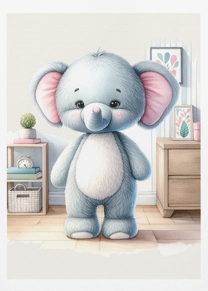 A watercolor illustration of a cute, fluffy, light blue stuffed elephant with large pink ears and a white tummy, standing in a brightly lit child's room. Artwork
